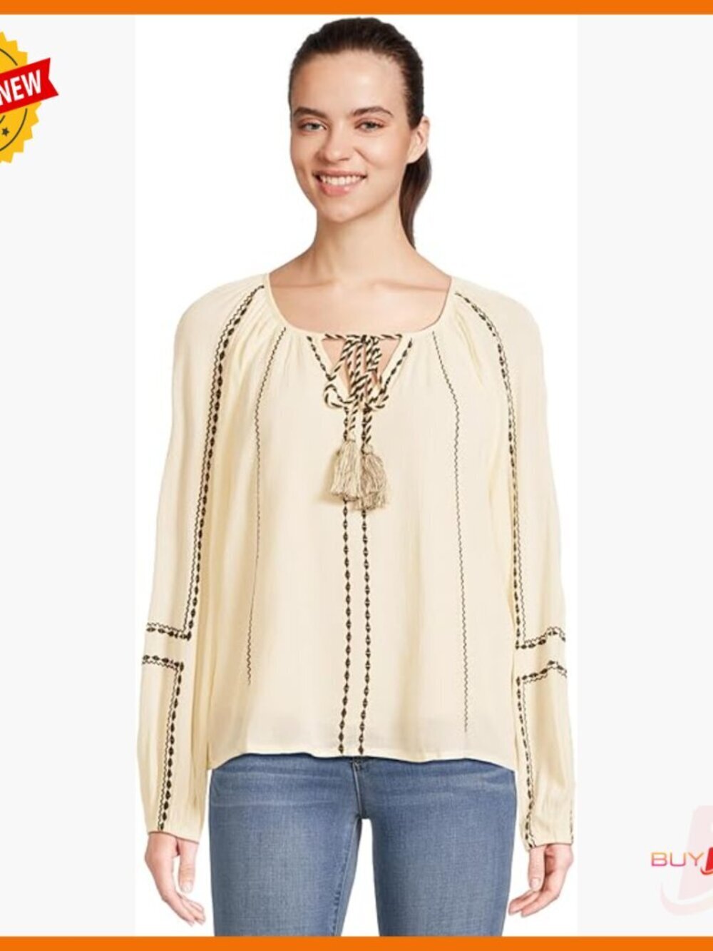 Long Sleeve Woven Blouse with Embroidery, V-Neck, Pull-On Style